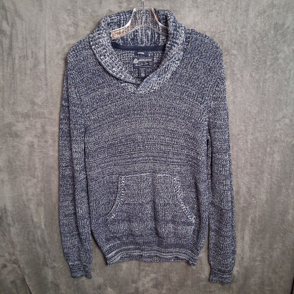 American Rag Shawl Collar  Knit Sweater Mens Medium Navy Blue White Long Sleeve